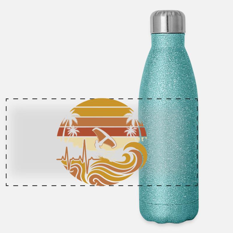 Palmiers de surf au coucher du soleil Gourde isotherme panoramique pailletée 500 ml