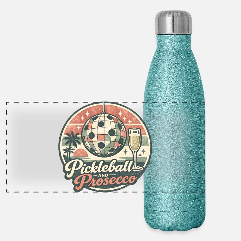 Logo rétro de Pickleball et Prosecco Gourde isotherme panoramique pailletée 500 ml