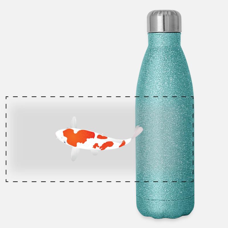 Koi Carp - White and Red - Panoramic Glitter Thermal Bottle 500 ml - blue glitter