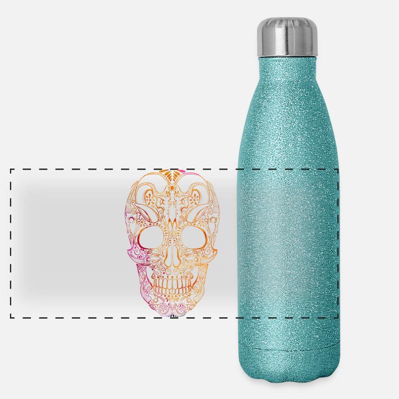Farbiger Totenkopf Ornament Panorama Glitzer Isolierflasche 500 ml