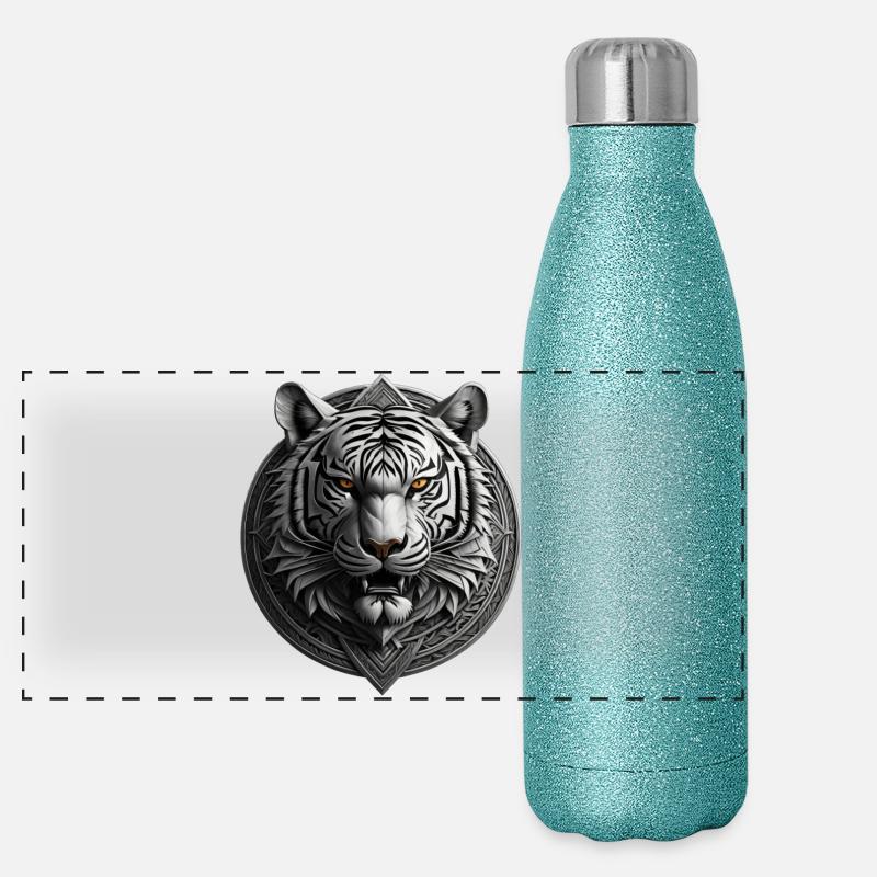 White Tiger Medallion Emblem - Panoramic Glitter Thermal Bottle 500 ml - blue glitter