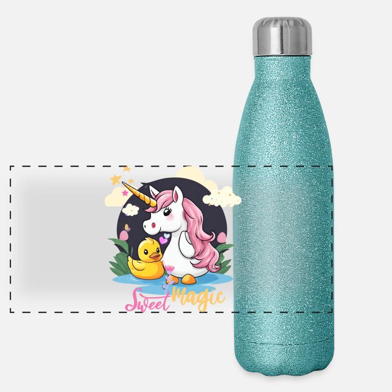 Whimsical Unicorn and Duck Scene - Panoramic Glitter Thermal Bottle 500 ml - blue glitter