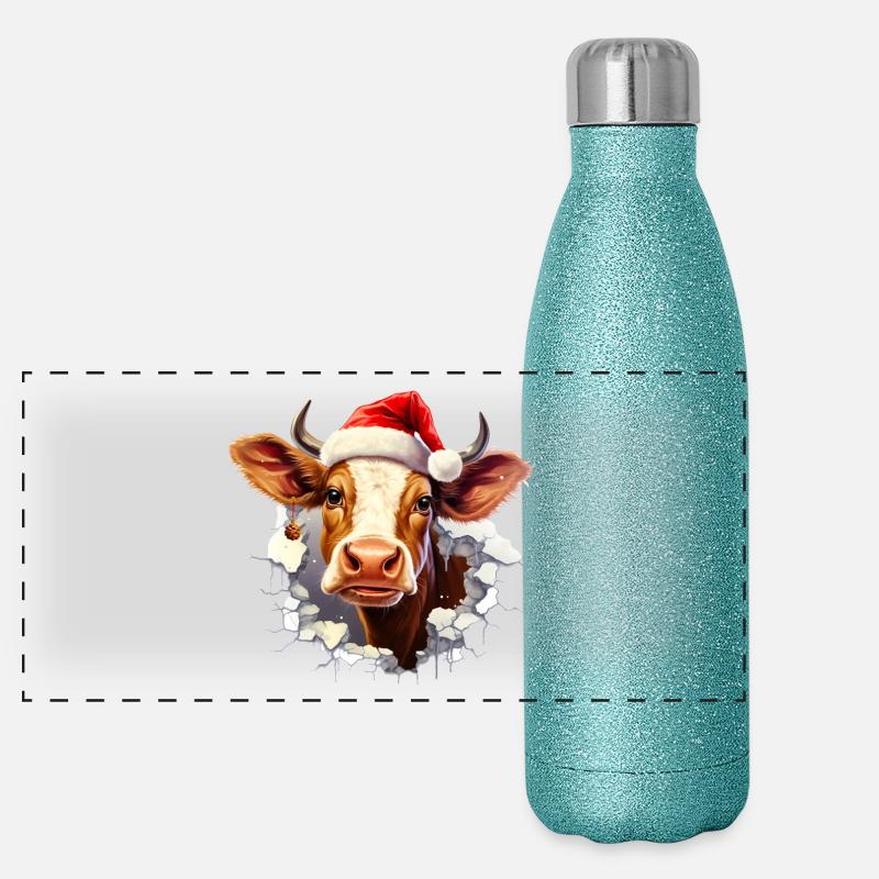 Vache avec chapeau de Père Noël dans le trou dans le mur Gourde isotherme panoramique pailletée 500 ml