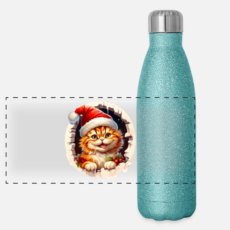 Chat de Noël sortant d’un trou Gourde isotherme panoramique pailletée 500 ml