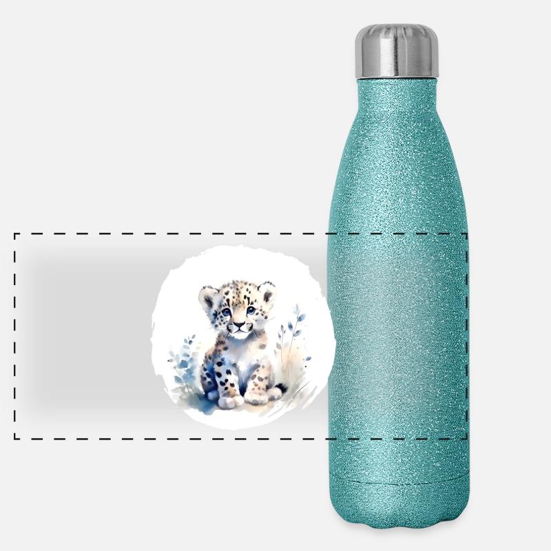 Schneeleopard Aquarell Panorama Glitzer Isolierflasche 500 ml