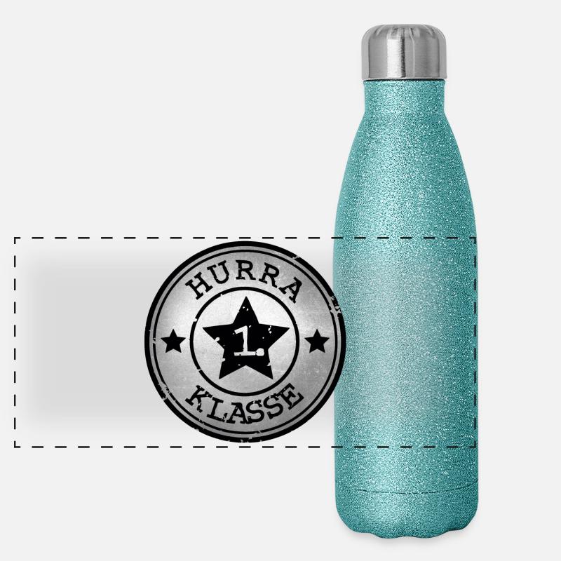 Hurra 1. Klasse - Stern  Emblem - silbern schwarz  Panorama Glitzer Isolierflasche 500 ml