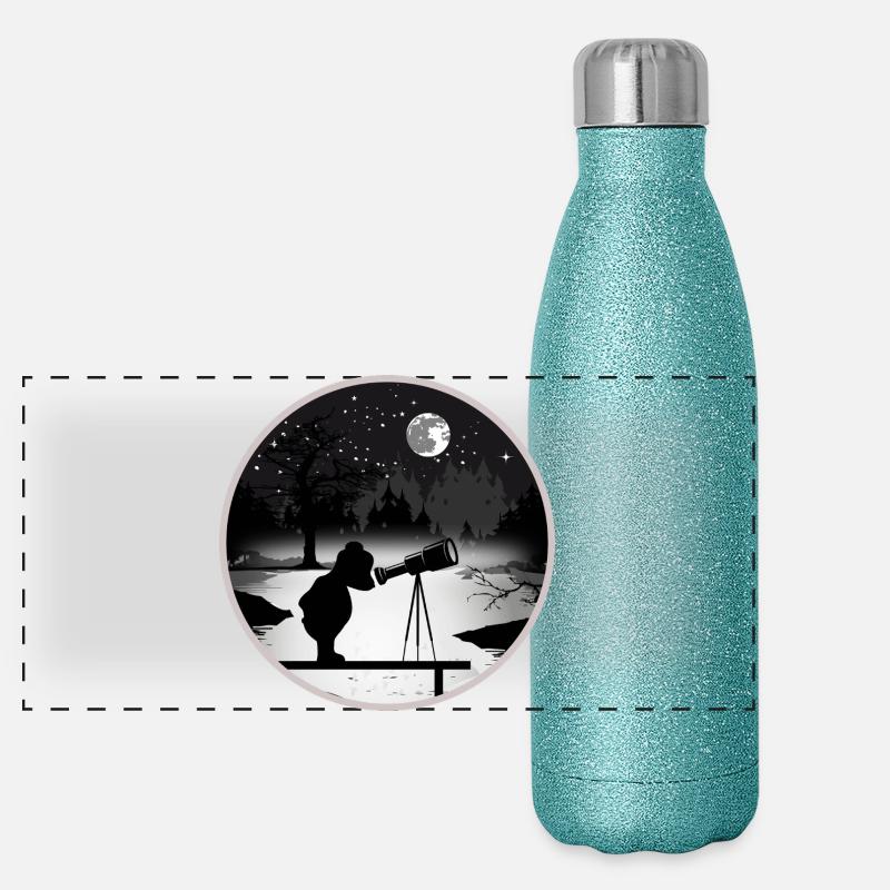 Bear with telescope under the starry sky Panoramic Glitter Thermal Bottle 500 ml