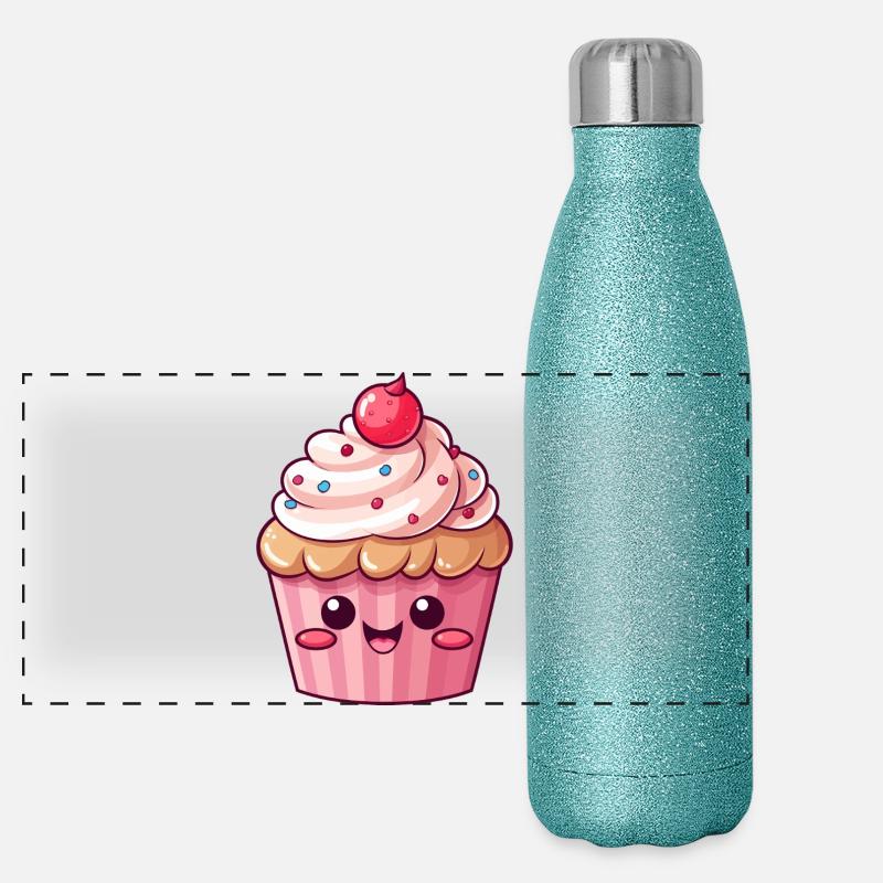 Mignon cupcake rose avec des pépites Gourde isotherme panoramique pailletée 500 ml