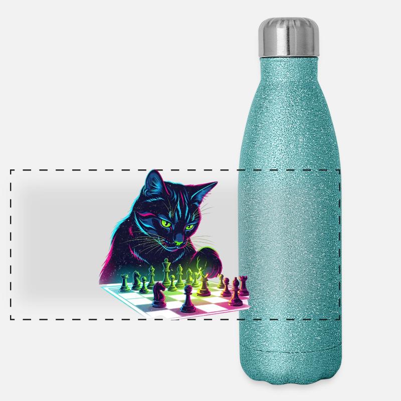 Neon Black Cat Chess Design Panoramic Glitter Thermal Bottle 500 ml