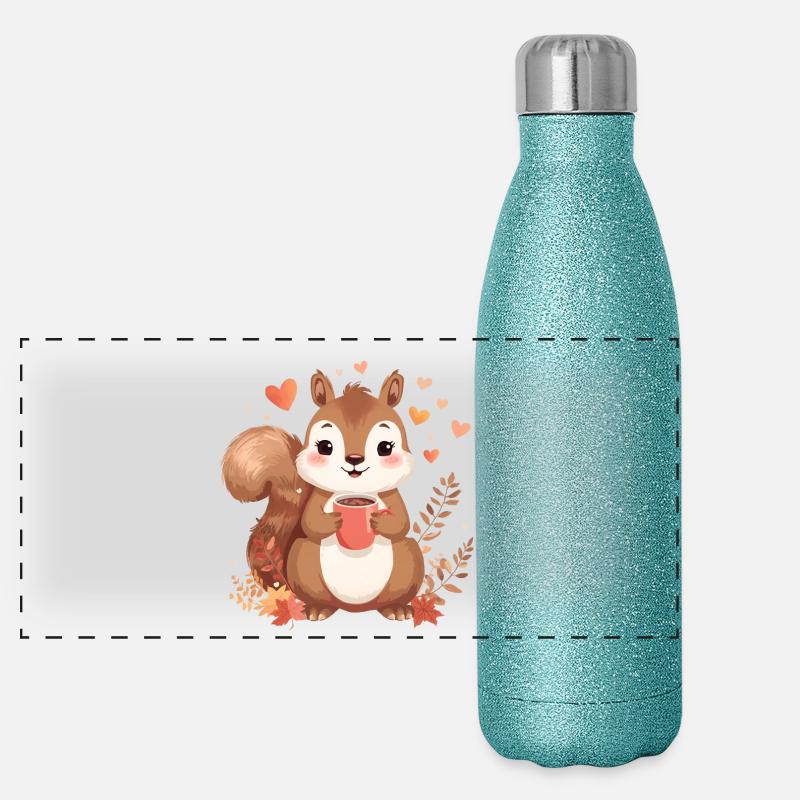 Herbstliches Eichhörnchen mit heißem Kakao Panorama Glitzer Isolierflasche 500 ml