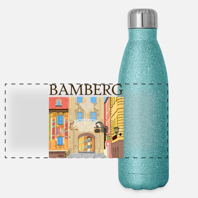 Bamberg, Bavaria Hand Drawing - Panoramic Glitter Thermal Bottle 500 ml - blue glitter