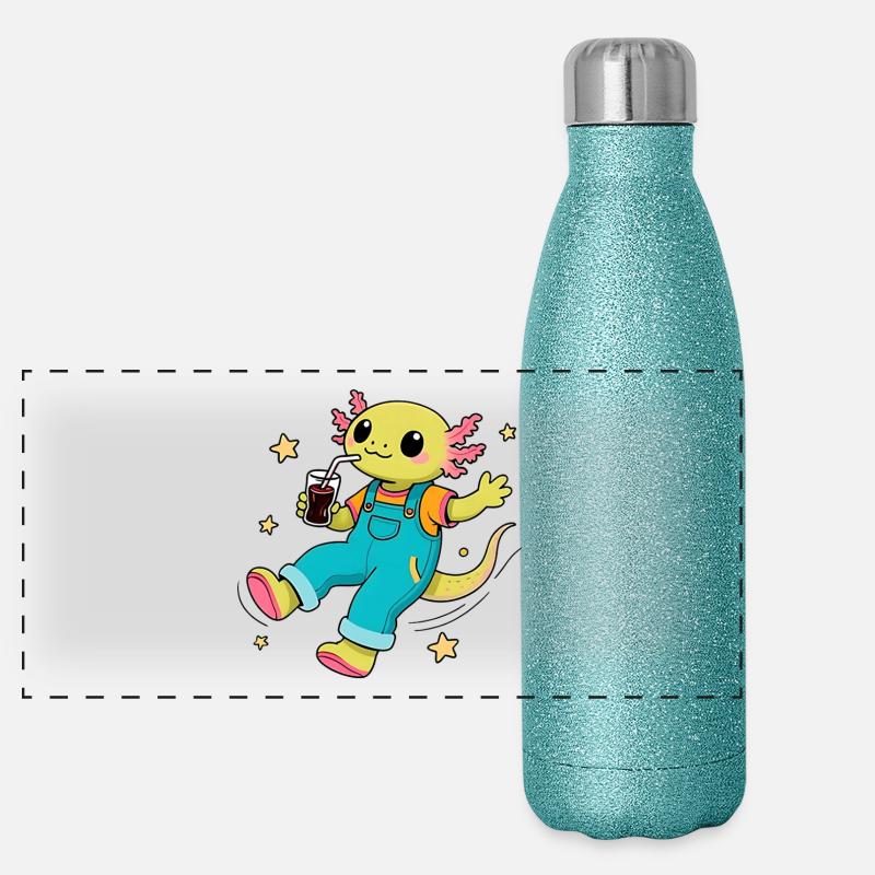 Happy Axolotl floating in space - Panoramic Glitter Thermal Bottle 500 ml - blue glitter