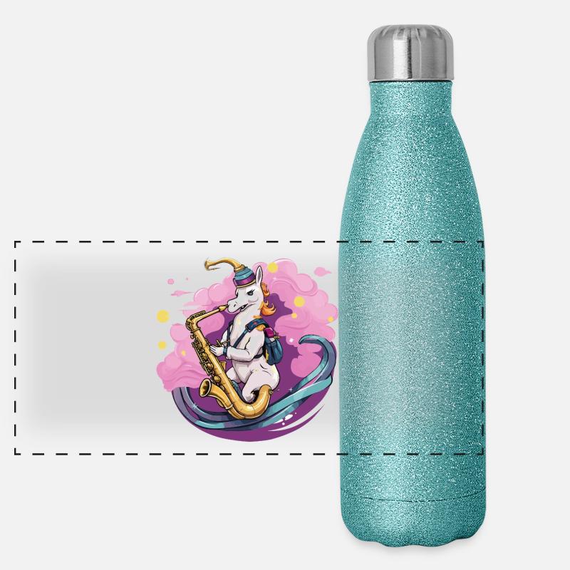 Saxophon-Einhorn im Nebelzauber Panorama Glitzer Isolierflasche 500 ml