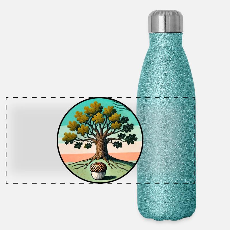 Retro-Baum des Lebens mit Eichel Panorama Glitzer Isolierflasche 500 ml