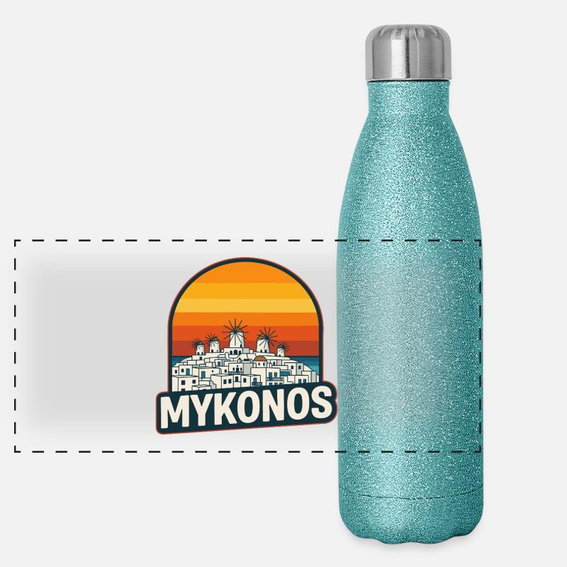 Mykonos Grèce Windmills Art rétro du coucher de soleil Gourde isotherme panoramique pailletée 500 ml