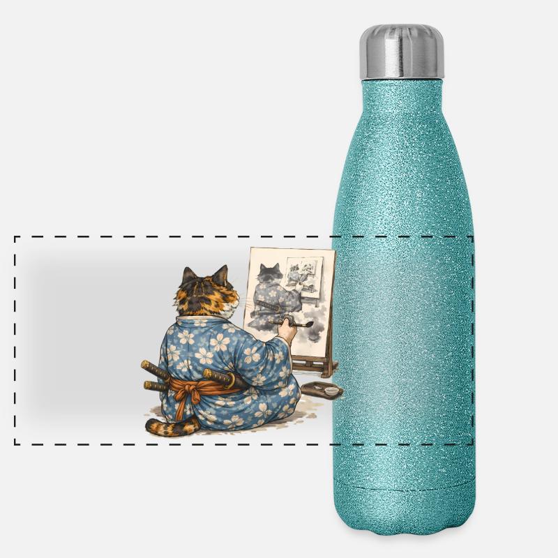 Samurai-Katzen-Malerei Sumi-e Ukiyo-e Kunst Panorama Glitzer Isolierflasche 500 ml