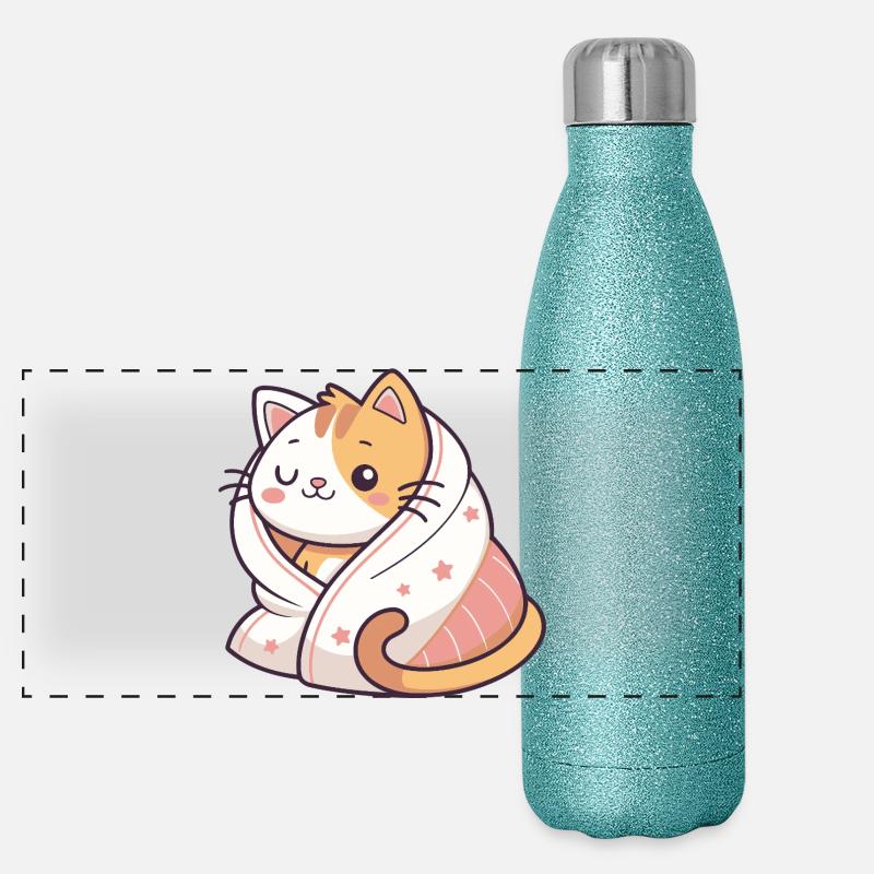 Chat câlin enveloppé dans couverture étoilée Gourde isotherme panoramique pailletée 500 ml