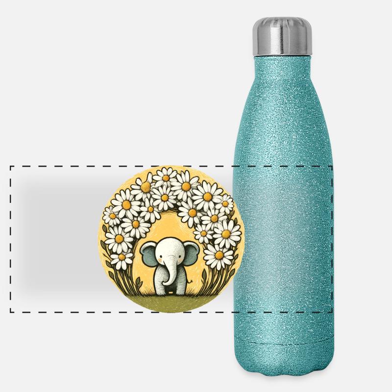 L’éléphant dans l’anneau des marguerites Gourde isotherme panoramique pailletée 500 ml