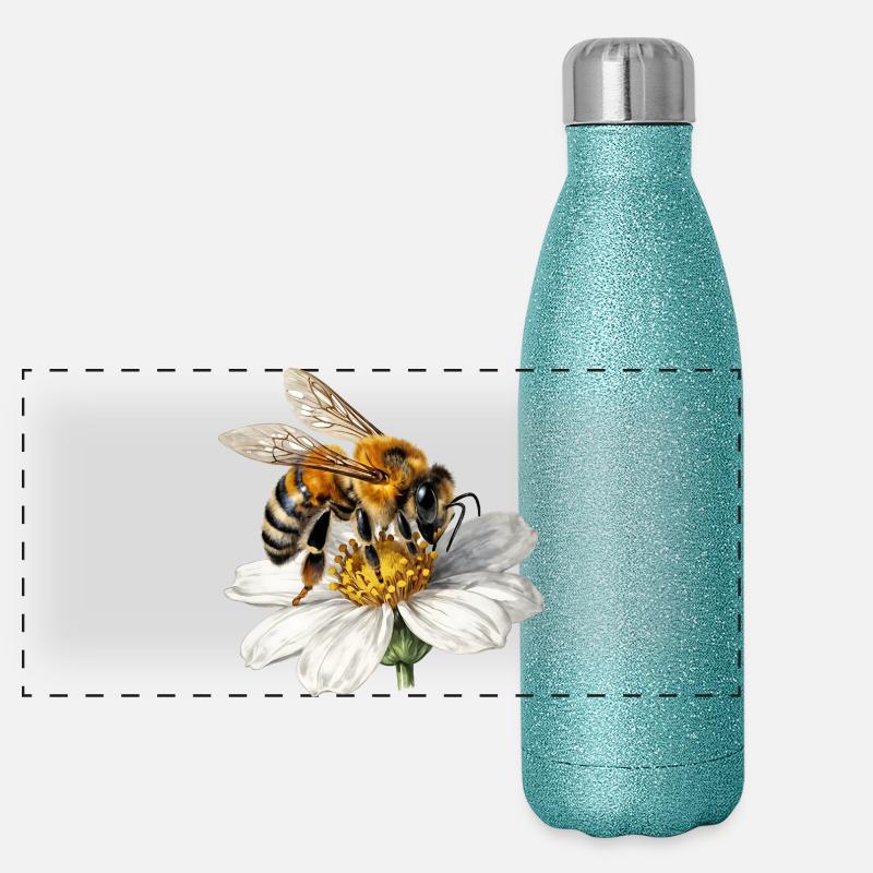 Biene auf weißer Blume Panorama Glitzer Isolierflasche 500 ml