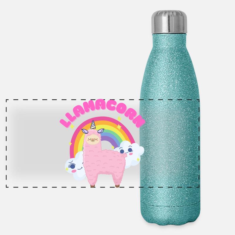 Skurriles rosa Lama mit Regenbogen Panorama Glitzer Isolierflasche 500 ml