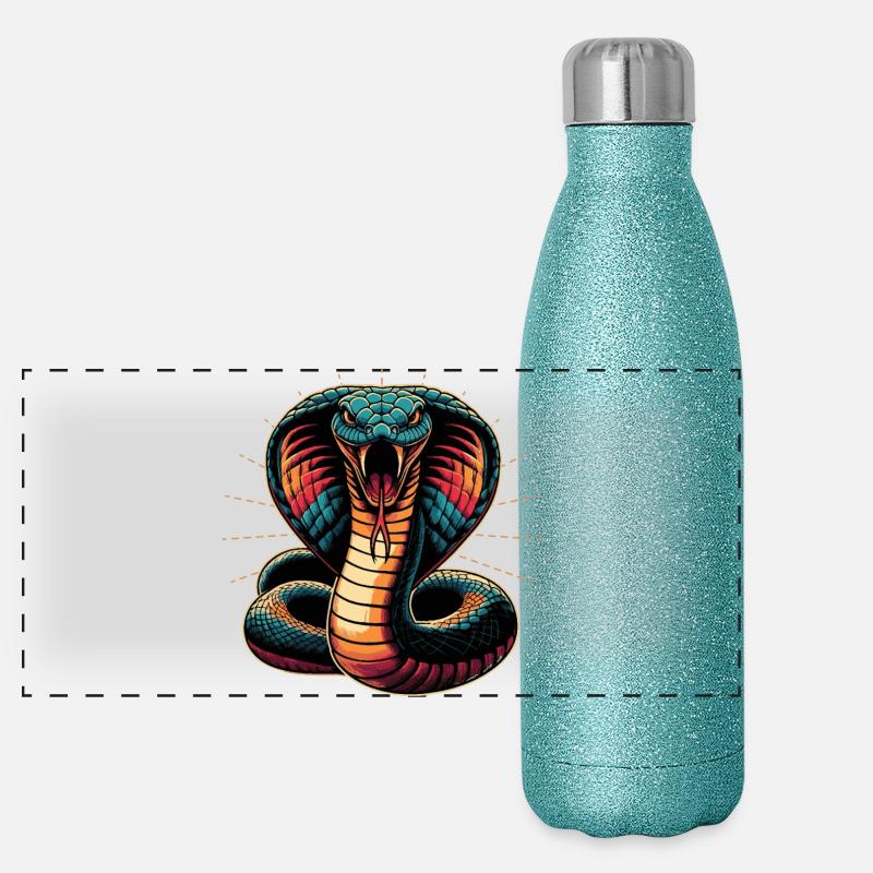 dynamisches und farbenfrohes Cobra-Schlangen Motiv Panorama Glitzer Isolierflasche 500 ml