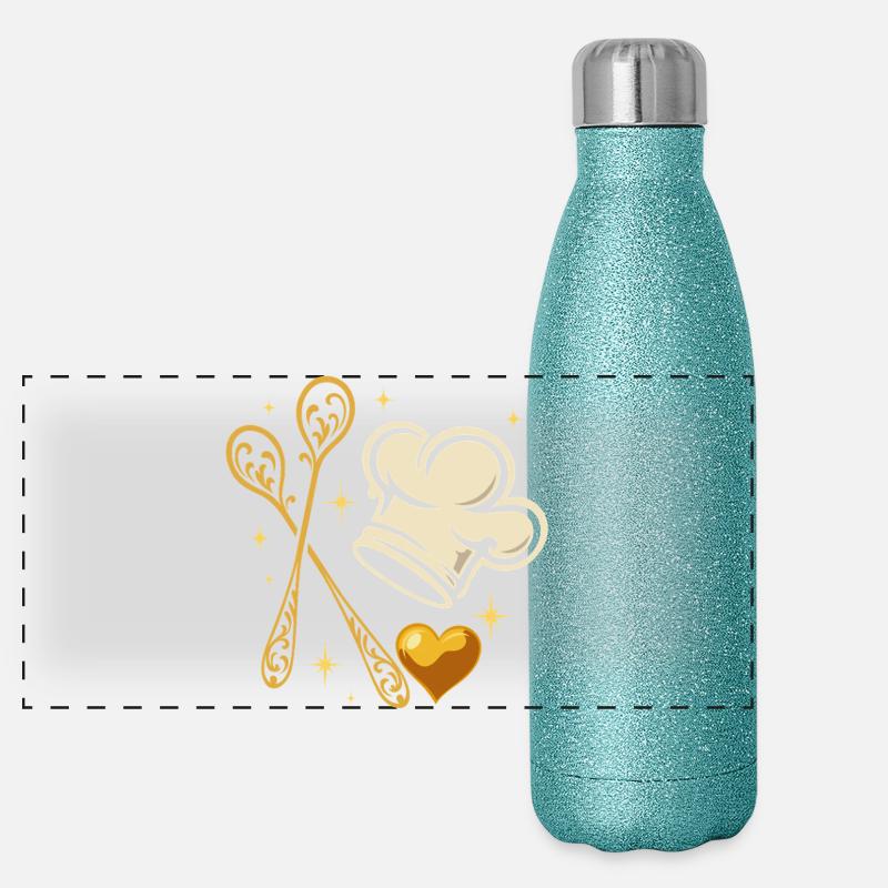 Toque de chef dorée avec cuillères en bois Gourde isotherme panoramique pailletée 500 ml