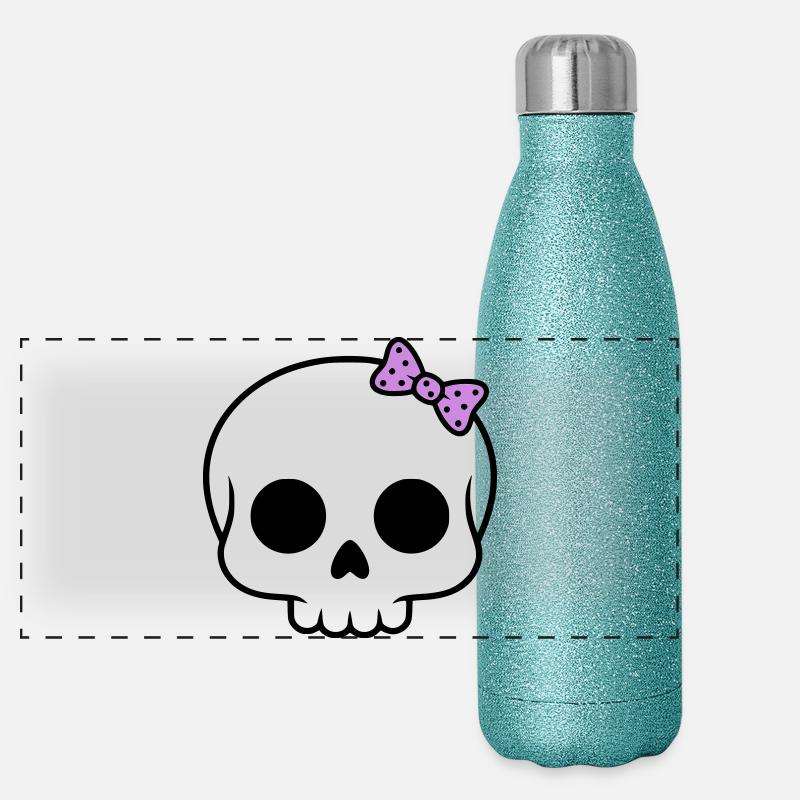 Cute skull with bow | Girly Goth Panoramic Glitter Thermal Bottle 500 ml