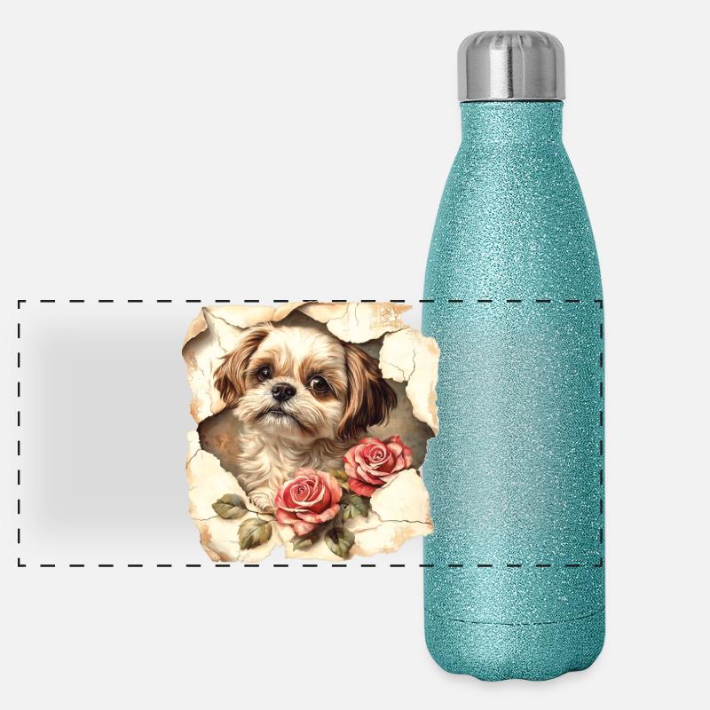 Fleurs Shih Tzu Gourde isotherme panoramique pailletée 500 ml