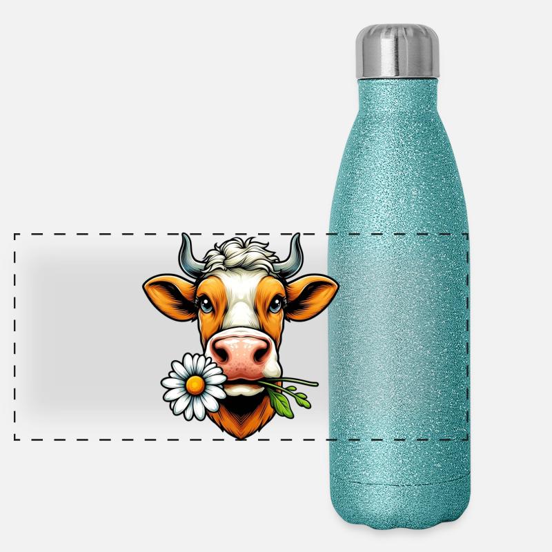 Vache avec une fleur de marguerite dans sa bouche fleurs Gourde isotherme panoramique pailletée 500 ml