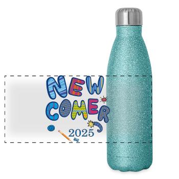 Newcomer Einschulung - Panorama Glitzer Isolierflasche 500 ml - Blau Glitzer - Vorne