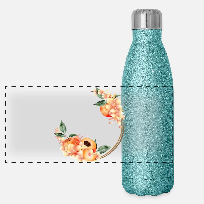 Peach half, peaches, peach blossoms in wreath Panoramic Glitter Thermal Bottle 500 ml