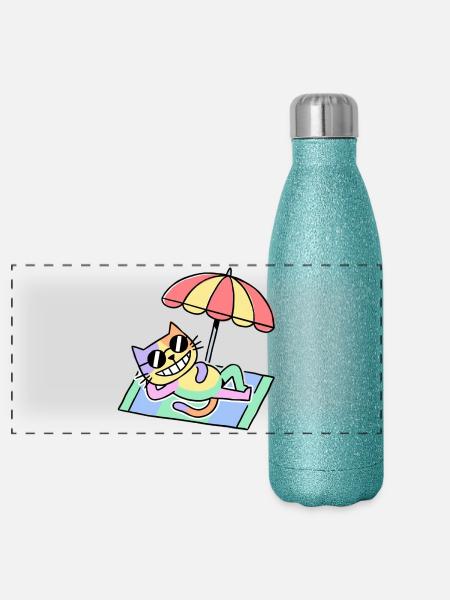 Beach Cat Pop Art Lounge Under Parasol - Panoramic Glitter Thermal Bottle 500 ml - blue glitter - Front