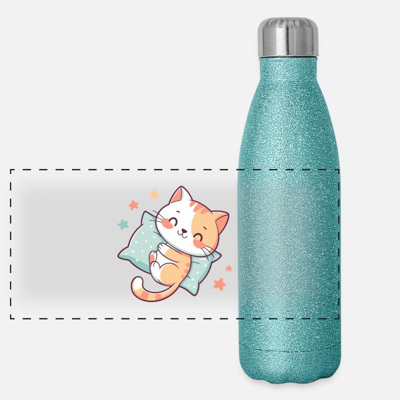 Cuddly Cat on Star Pillow Panoramic Glitter Thermal Bottle 500 ml
