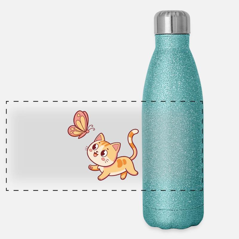 Neugierige Katze und Schmetterling Panorama Glitzer Isolierflasche 500 ml