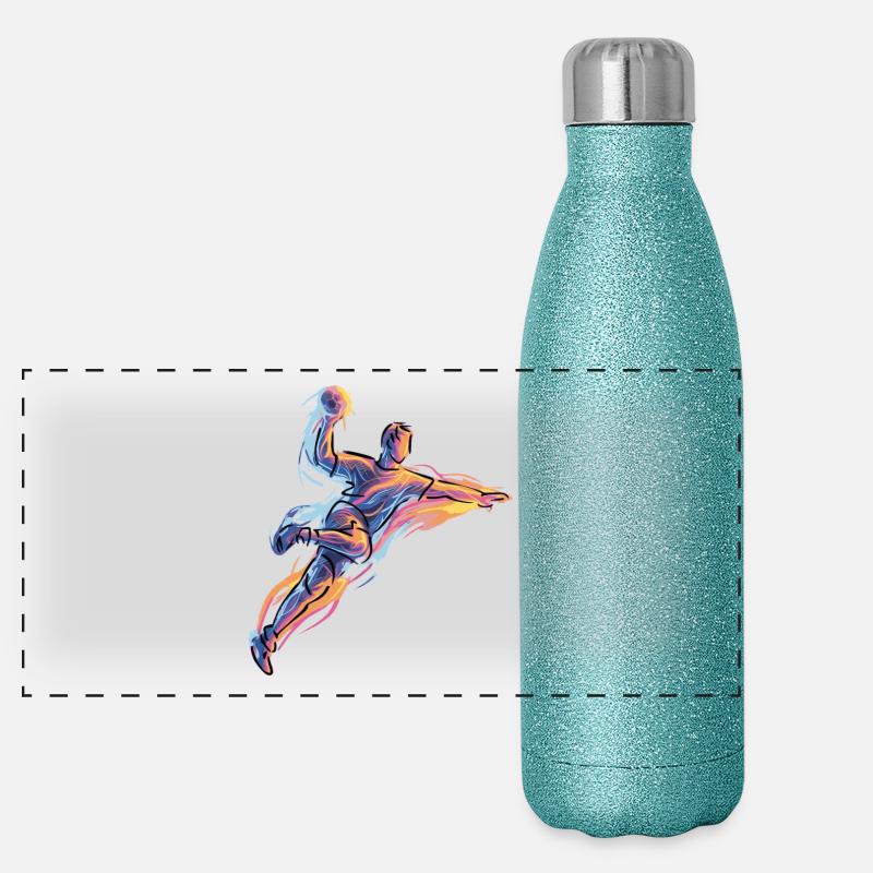 Dynamic handball jump throw in neon flames Panoramic Glitter Thermal Bottle 500 ml