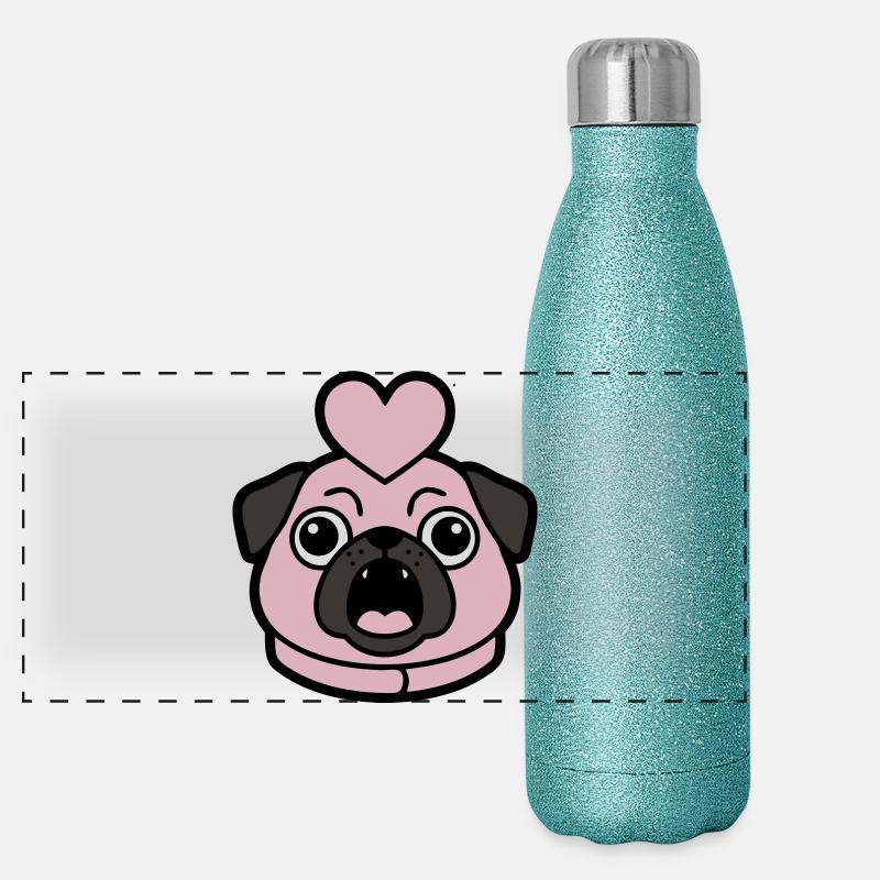 Pug Dog Heart Love Bark Panoramic Glitter Thermal Bottle 500 ml