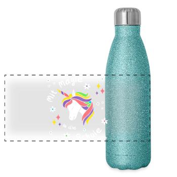 Mit Magie in die Schule - Einhorn - Einschulung - Panorama Glitzer Isolierflasche 500 ml - Blau Glitzer - Vorne