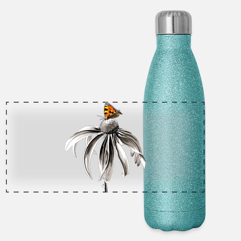 Fleur noire et blanche avec petit renard papillon Gourde isotherme panoramique pailletée 500 ml
