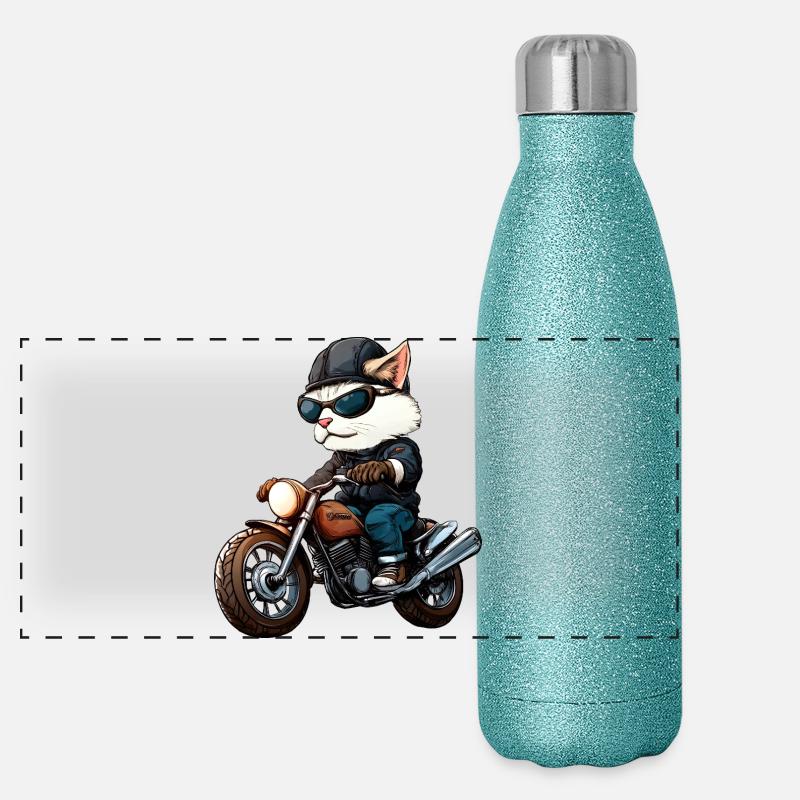 Motorradfahrer Katze Panorama Glitzer Isolierflasche 500 ml