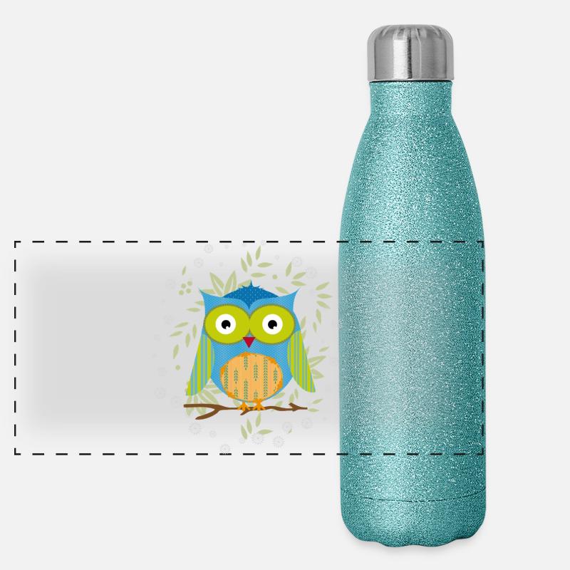 Stilvolle Patchwork-Eule auf Ast im Blättermeer Panorama Glitzer Isolierflasche 500 ml