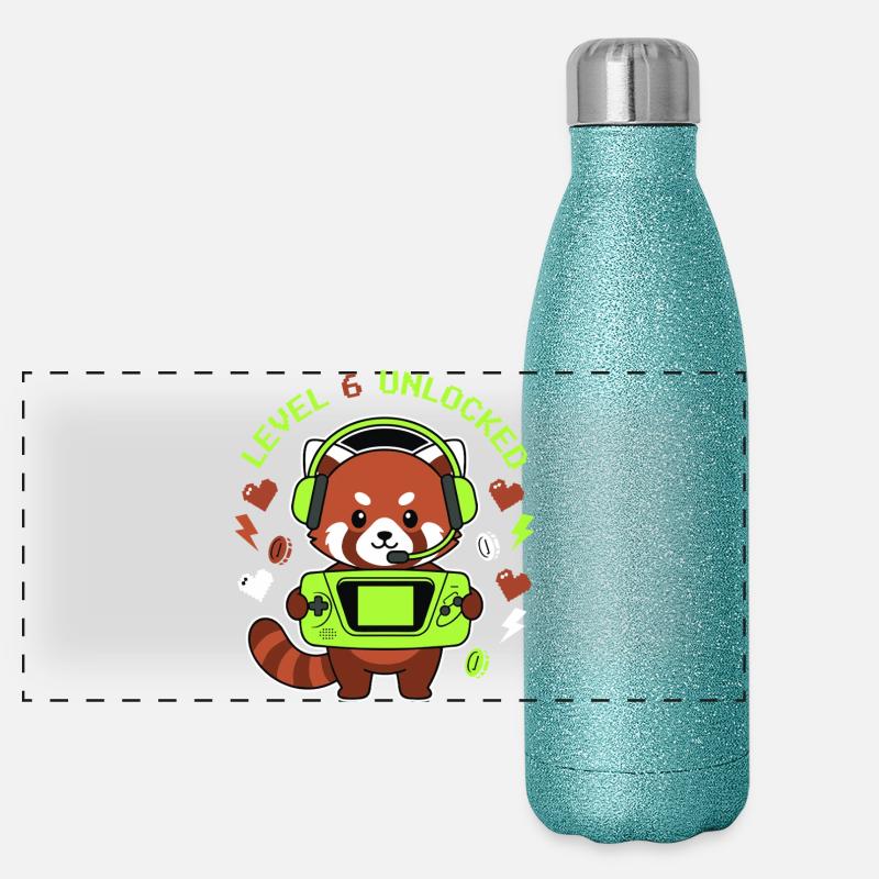 Level 6 Unlocked Roter Panda Gamer Panorama Glitzer Isolierflasche 500 ml