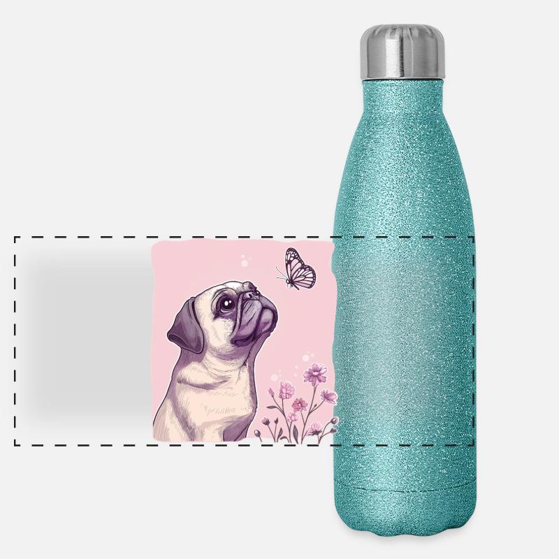 Mops mit Schmetterling Panorama Glitzer Isolierflasche 500 ml