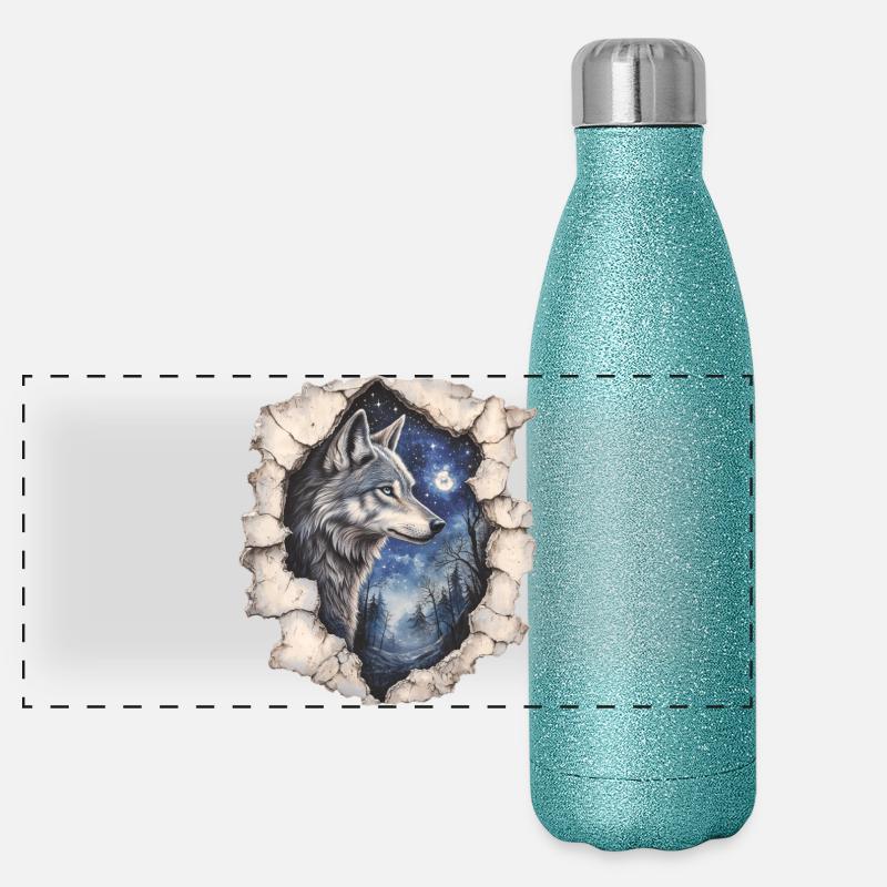 Wolf with starry sky Panoramic Glitter Thermal Bottle 500 ml