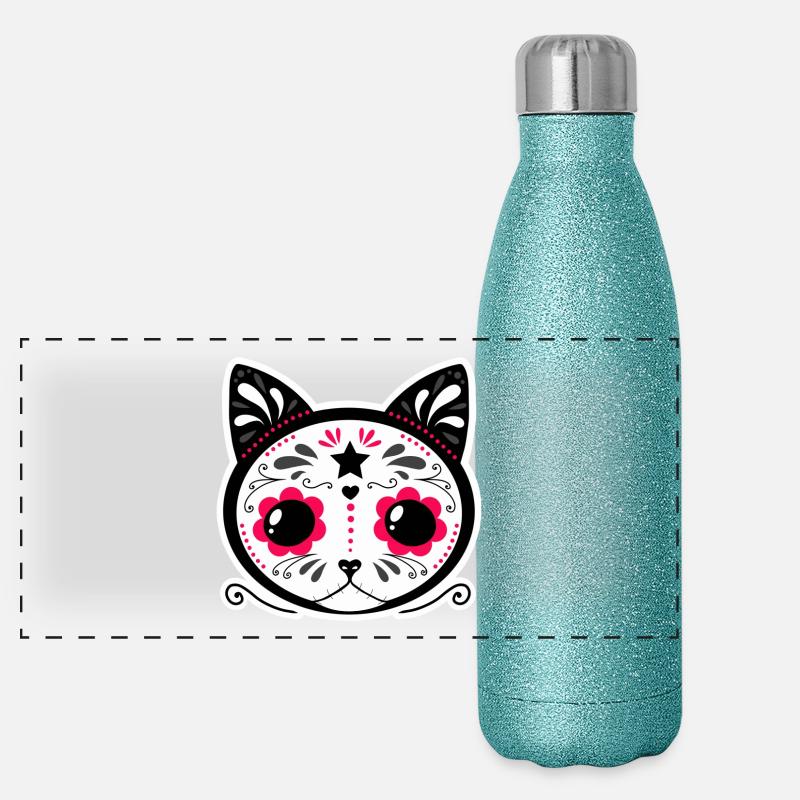Katze Sugar Skull Dias de muerte - Panorama Glitzer Isolierflasche 500 ml - Blau Glitzer