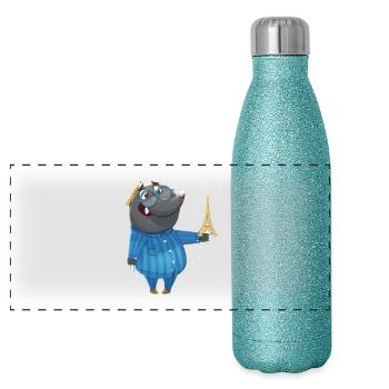 Mole "Nils" - funny forest animal for children - Panoramic Glitter Thermal Bottle 500 ml - blue glitter - Front