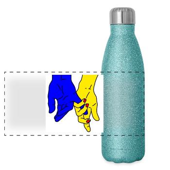 hands blue yellow - Panoramic Glitter Thermal Bottle 500 ml - blue glitter - Front