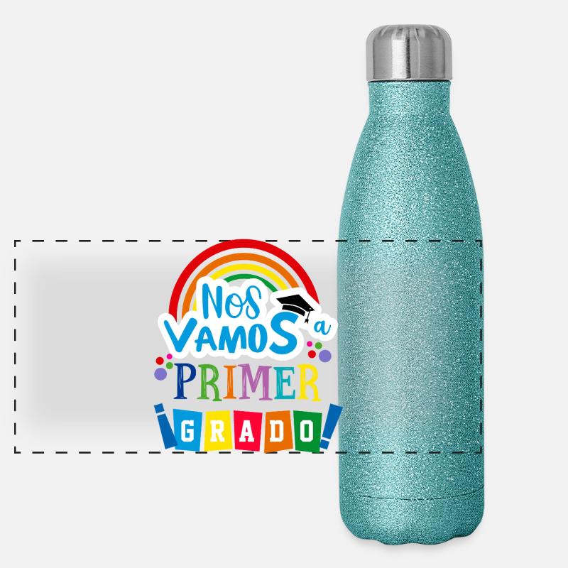 We're Leaving First Grade, Preschool - Panoramic Glitter Thermal Bottle 500 ml - blue glitter