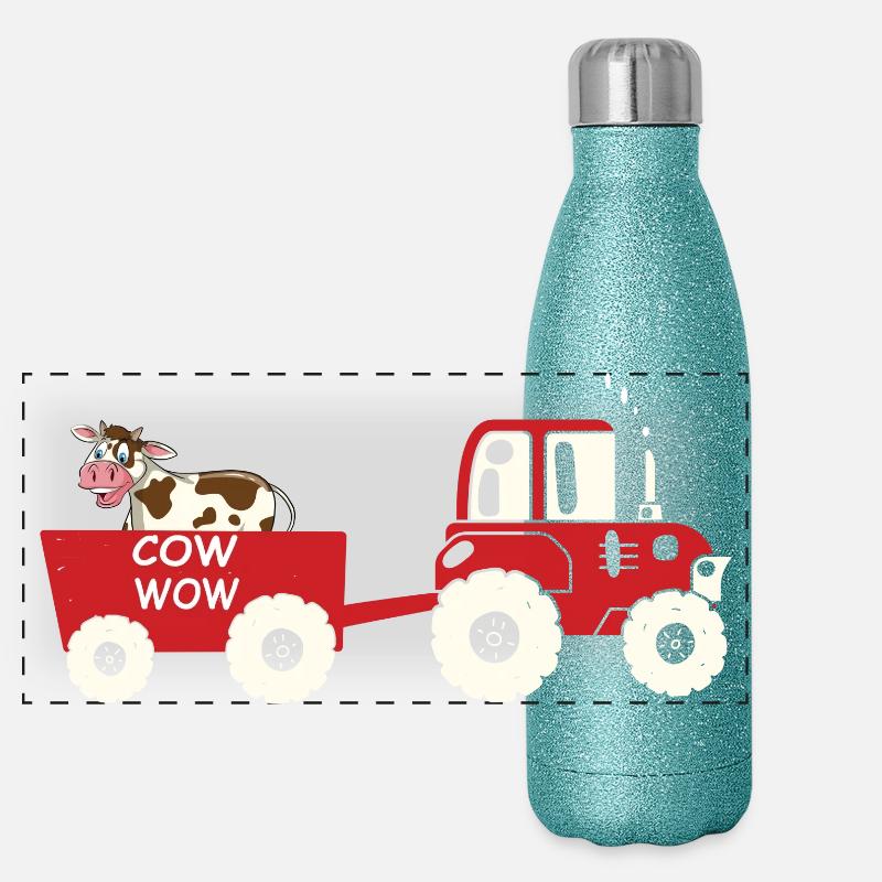 Funny Cow Tractor Cartoon Design Panoramic Glitter Thermal Bottle 500 ml