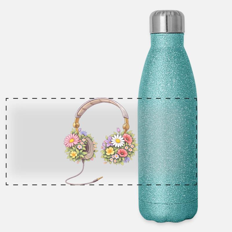 Kopfhörer mit Blumen Illustration Panorama Glitzer Isolierflasche 500 ml