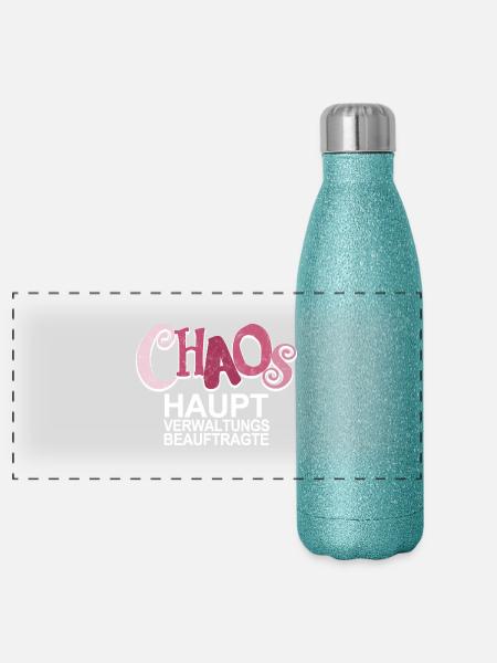 Chaos Beauftragte - lustiger Spruch für Mütter - Panorama Glitzer Isolierflasche 500 ml - Blau Glitzer - Vorne